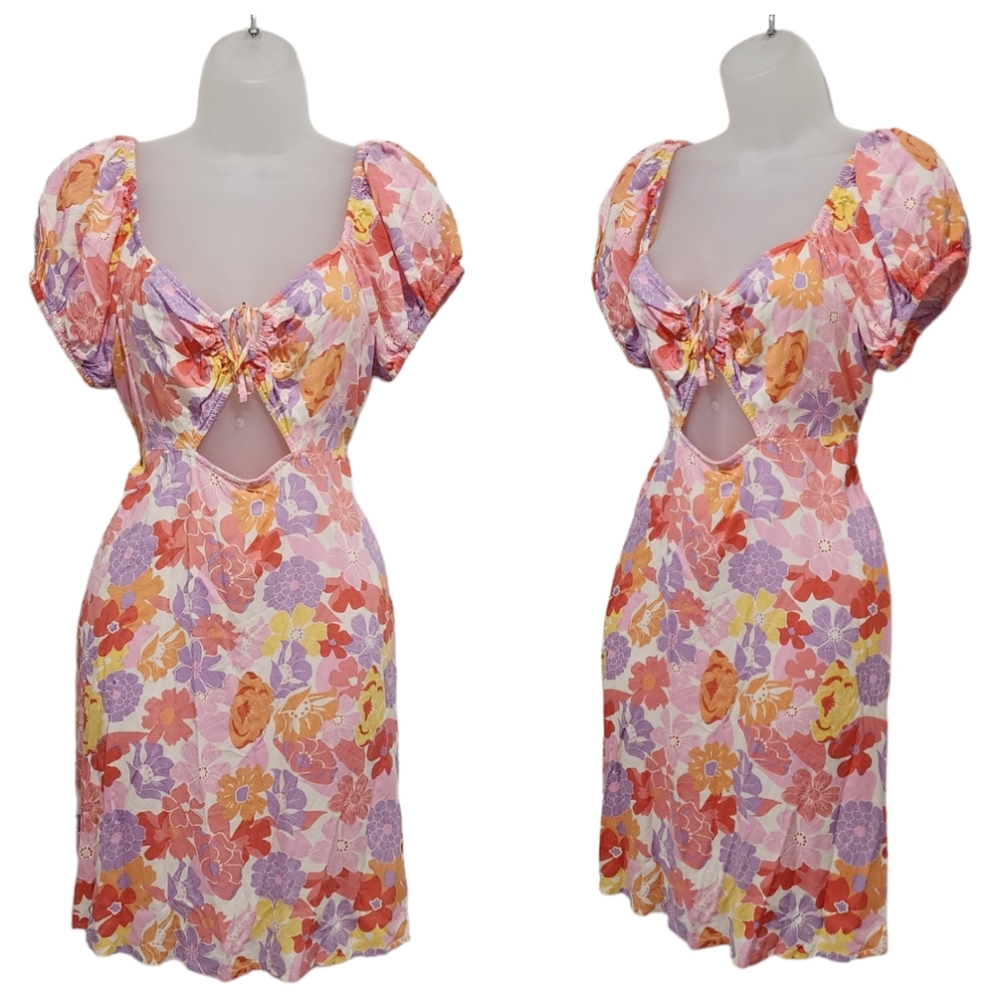 So Floral Cutout Dress Puff Sleeve Xlarge Orange Muiltcolor